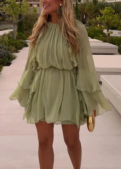 Art Green Ruffled Solid Chiffon Mini Dress Fall