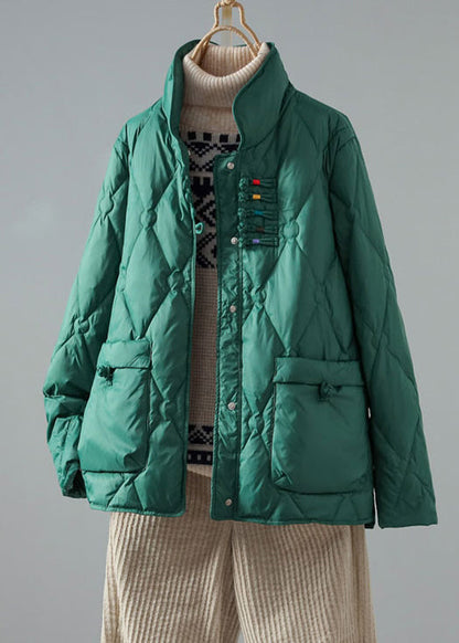 Art Green Stand Collar Chinese Button Pockets Duck Down Puffer Coat Winter