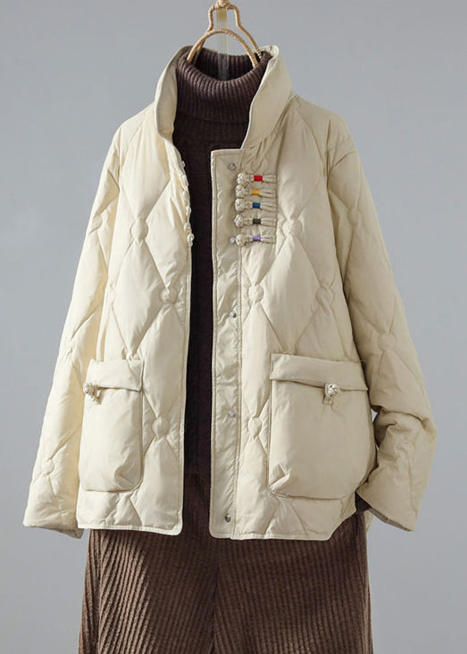 Art Green Stand Collar Chinese Button Pockets Duck Down Puffer Coat Winter