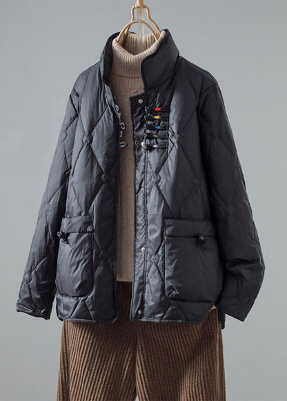 Art Green Stand Collar Chinese Button Pockets Duck Down Puffer Coat Winter