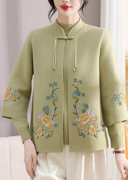 Art Green Stand Collar Cotton Knit Coats And Sweater Two Pieces Set Spring
