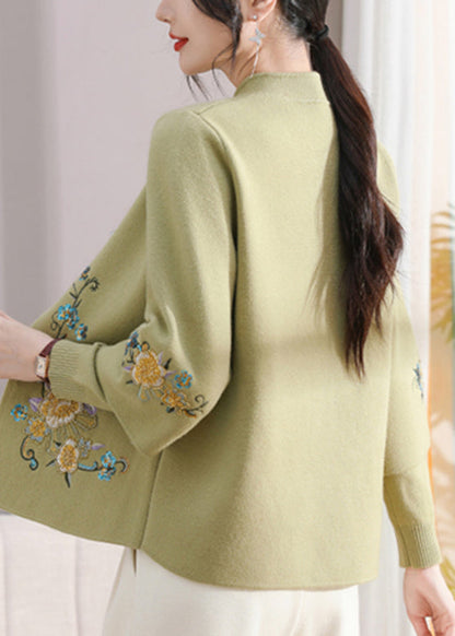 Art Green Stand Collar Cotton Knit Coats And Sweater Two Pieces Set Spring