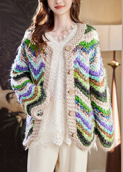 Art Green Striped Button Patchwork Knit Coats Spring