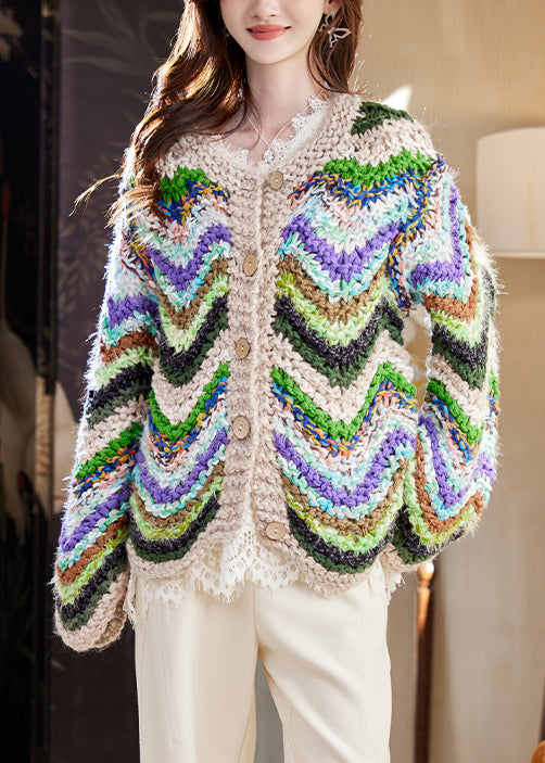 Art Green Striped Button Patchwork Knit Coats Spring