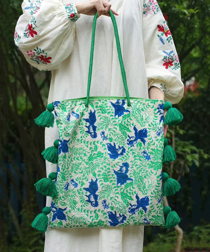 Art Green Tasseled Jacquard Cotton Ethnic Style Women Handbag