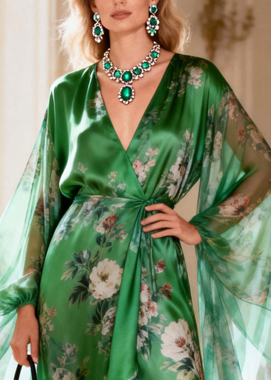 Art Green Tie Waist Patchwork Silk Holiday Dress Summer