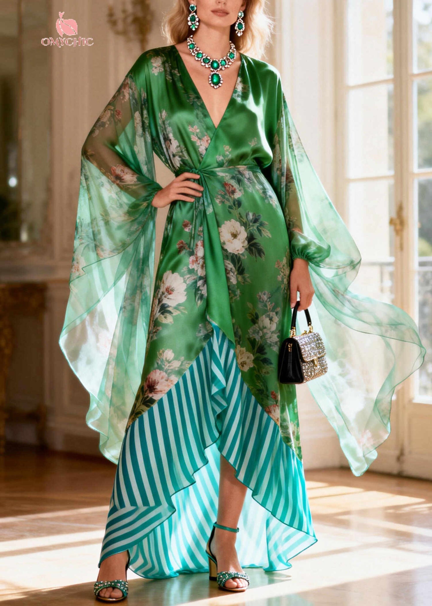 Art Green Tie Waist Patchwork Silk Holiday Dress Summer