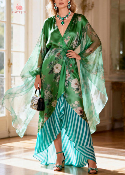 Art Green Tie Waist Patchwork Silk Holiday Dress Summer
