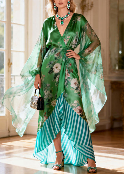 Art Green Tie Waist Patchwork Silk Holiday Dress Summer