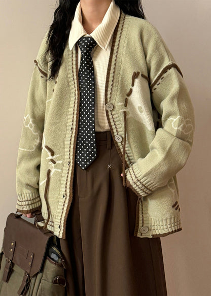 Art Green V Neck Hole Cozy Knit Coats Spring