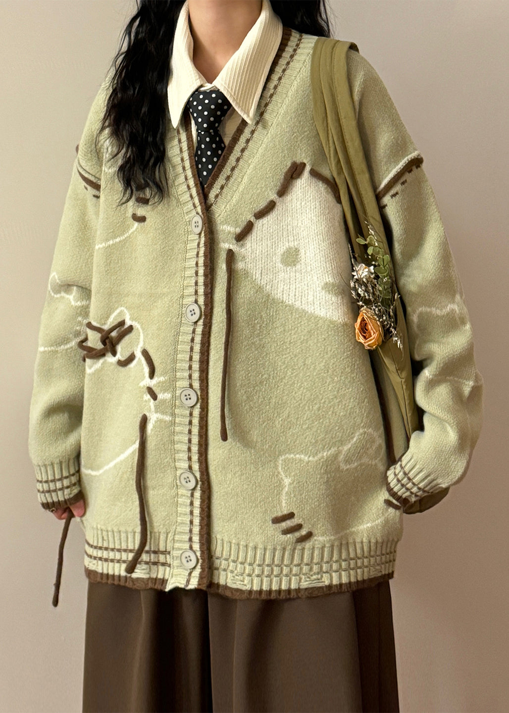 Art Green V Neck Hole Cozy Knit Coats Spring