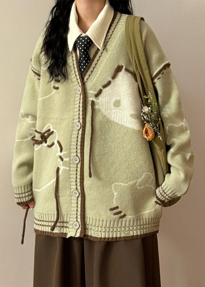 Art Green V Neck Hole Cozy Knit Coats Spring