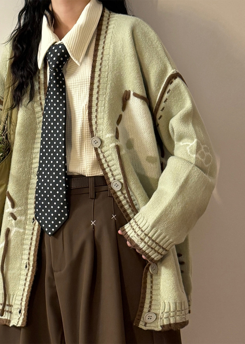 Art Green V Neck Hole Cozy Knit Coats Spring