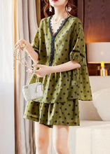 Load image into Gallery viewer, Art Green V Neck Lace Patchwork Shirts And Shorts Silk Two Piece Set Summer