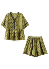 Load image into Gallery viewer, Art Green V Neck Lace Patchwork Shirts And Shorts Silk Two Piece Set Summer