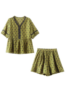 Art Green V Neck Lace Patchwork Shirts And Shorts Silk Two Piece Set Summer