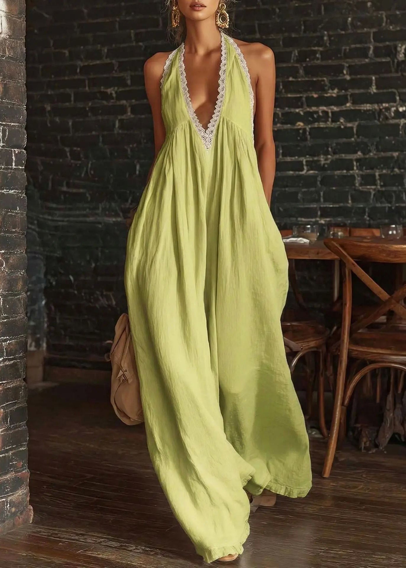 Art Green V Neck Patchwork Lace-Trimmed Jumpsuits Summer