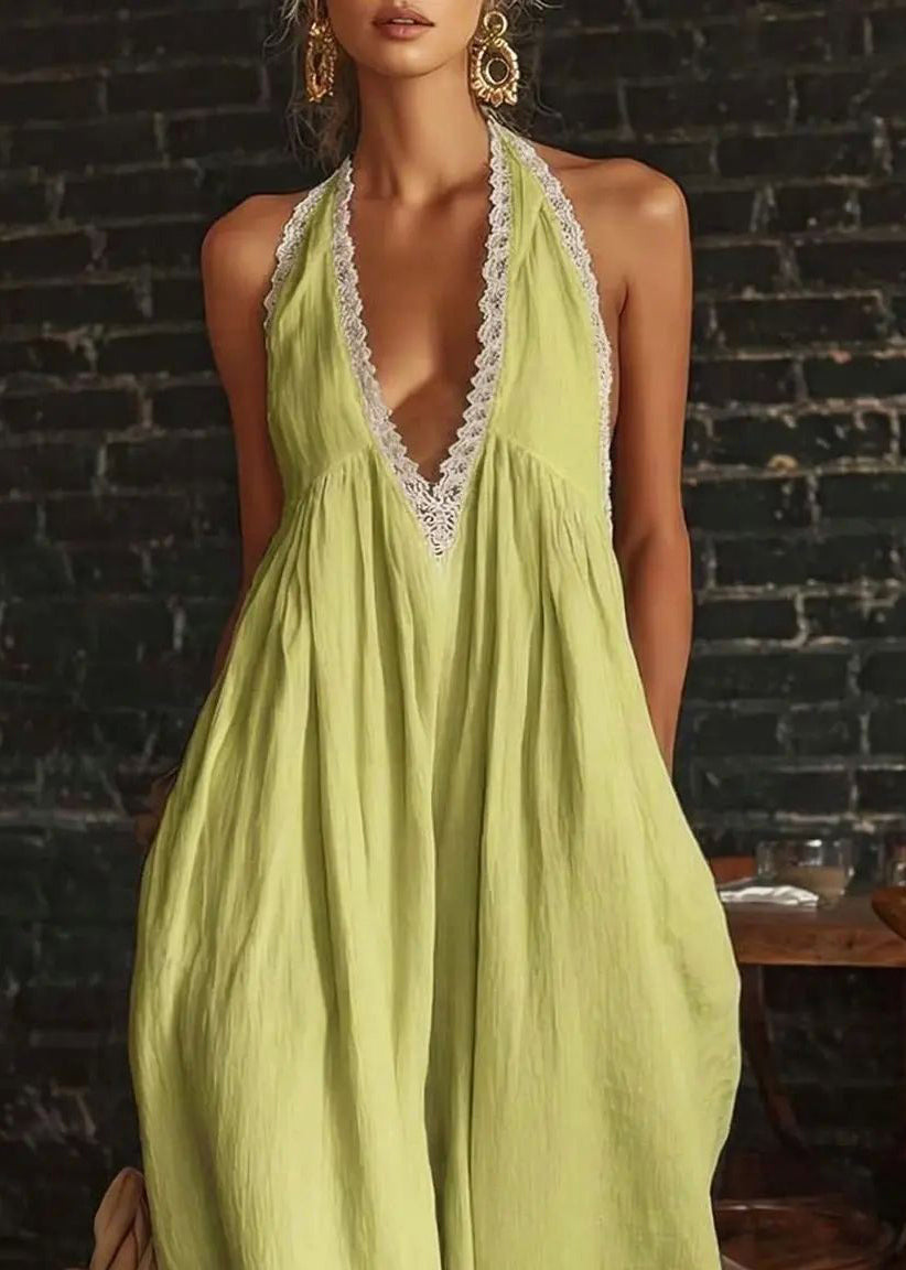 Art Green V Neck Patchwork Lace-Trimmed Jumpsuits Summer