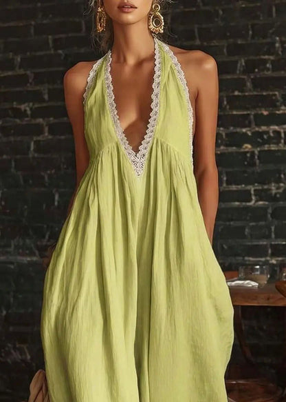 Art Green V Neck Patchwork Lace-Trimmed Jumpsuits Summer