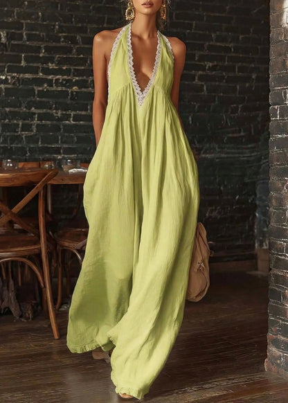Art Green V Neck Patchwork Lace-Trimmed Jumpsuits Summer