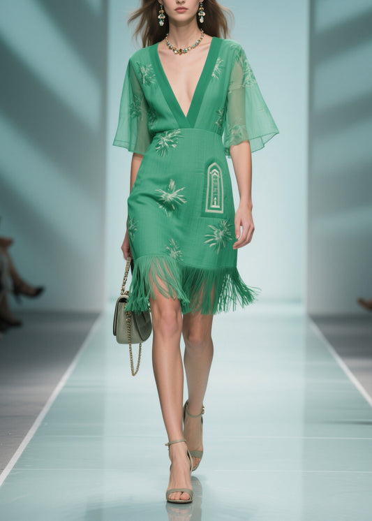 Art Green V Neck Tasseled Patchwork Cotton Dress Summer