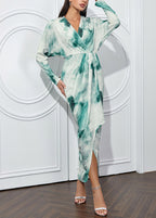 Art Green V Neck Tie Dye Slim Fit Chiffon Dress Fall