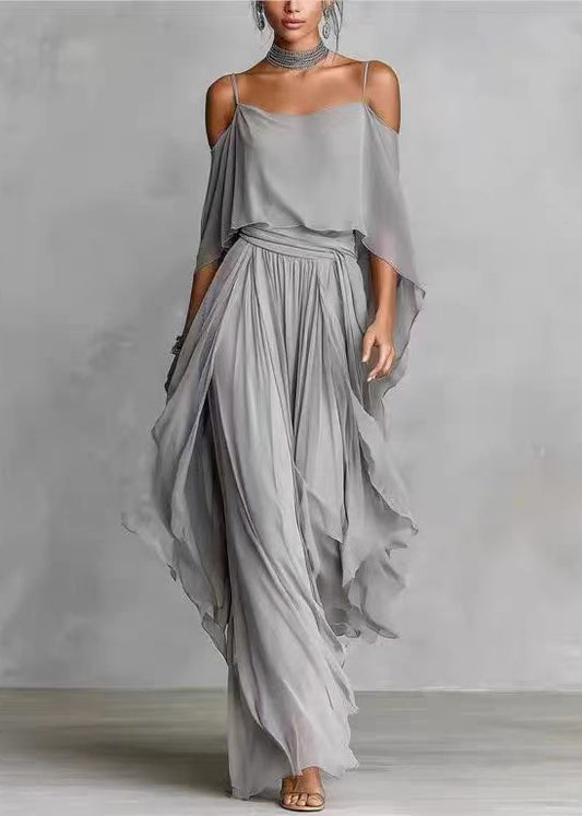 Art Grey Asymmetrical Draping Chiffon Two Pieces Set Summer