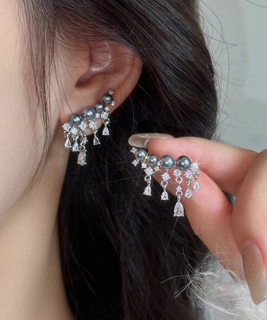 Art Grey Copper Overgild Zircon Pearl Stud Earrings