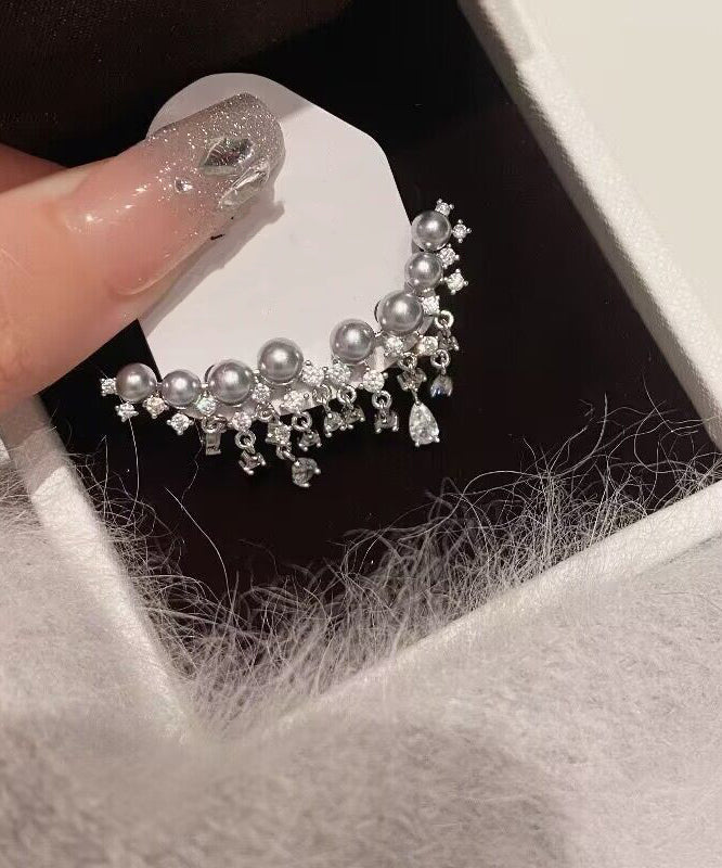 Art Grey Copper Overgild Zircon Pearl Stud Earrings