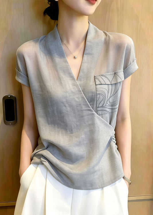 Art Grey Cross Strap Patchwork Cotton Tops Summer