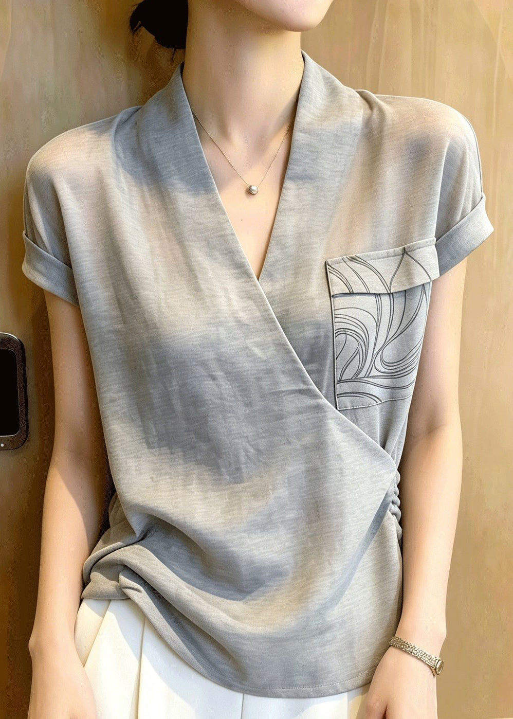 Art Grey Cross Strap Patchwork Cotton Tops Summer