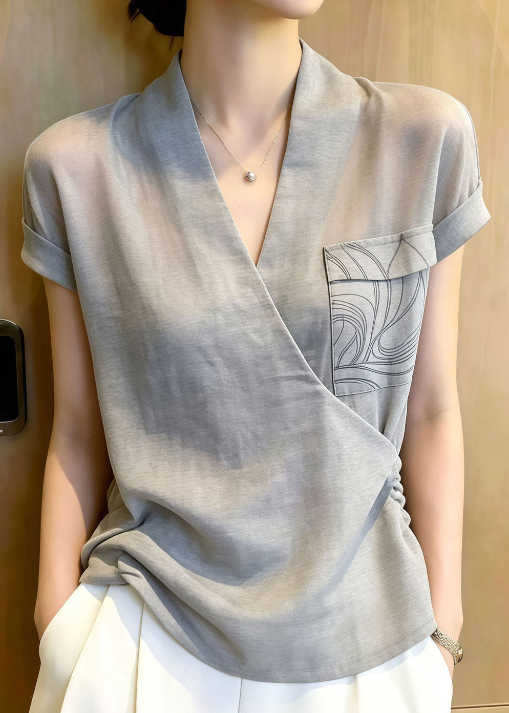 Art Grey Cross Strap Patchwork Cotton Tops Summer