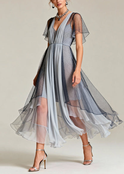 Art Grey Hollow Out Exra Large Hem Tulle Maxi Dresses Summer