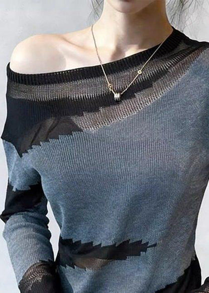 Art Grey Hollow Out Patchwork Thin Knit T Shirts Spring