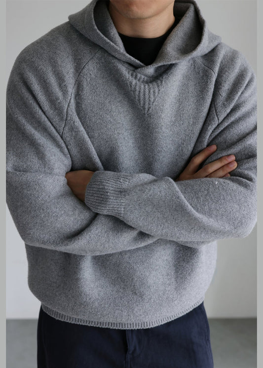 Art Grey Hooded Thick Woolen Sweater Men Winter