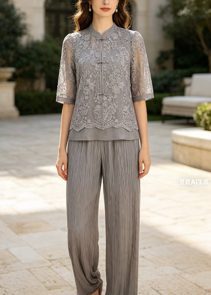 Art Grey Mandarin Collar Patchwork Lace Two Piece Set Outfits Summer