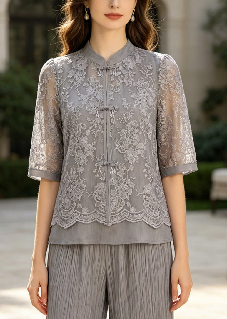 Art Grey Mandarin Collar Patchwork Lace Two Piece Set Outfits Summer