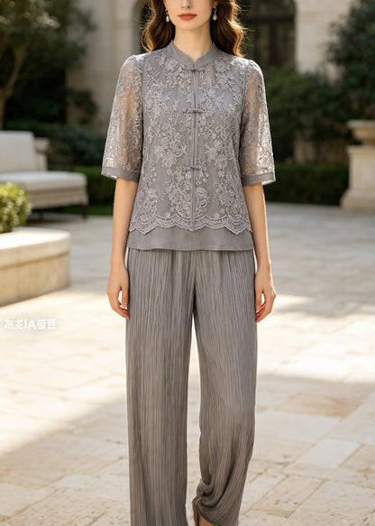 Art Grey Mandarin Collar Patchwork Lace Two Piece Set Outfits Summer