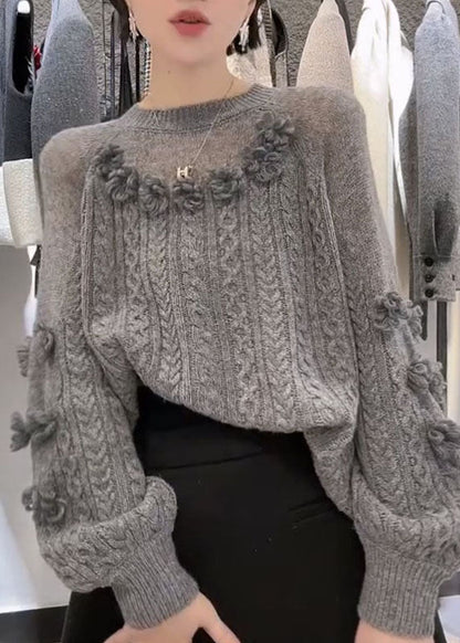 Art Grey O-Neck Floral Cable Knit Sweater Winter