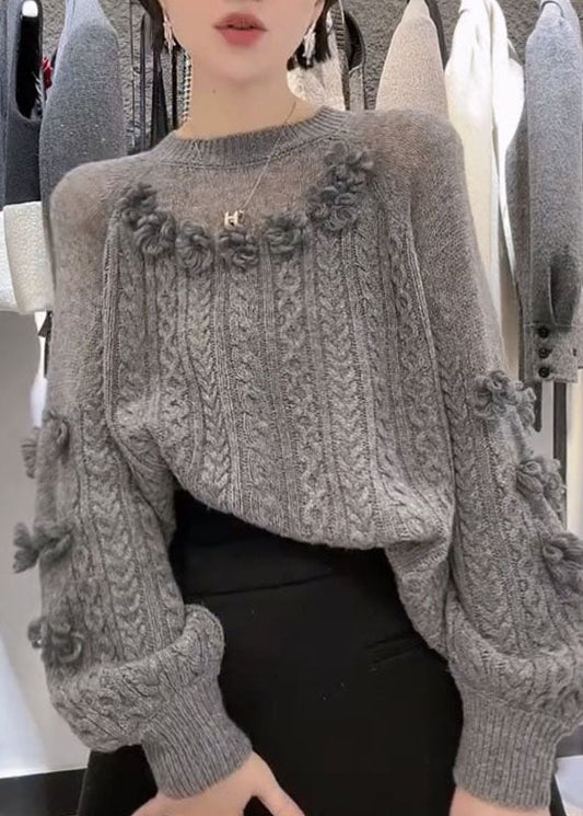 Art Grey O-Neck Floral Cable Knit Sweater Winter