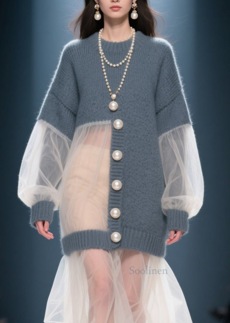 Art Grey O Neck Tulle Patchwork Knit Sweater Dress Fall