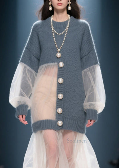 Art Grey O Neck Tulle Patchwork Knit Sweater Dress Fall