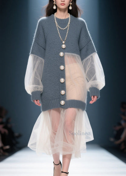 Art Grey O Neck Tulle Patchwork Knit Sweater Dress Fall