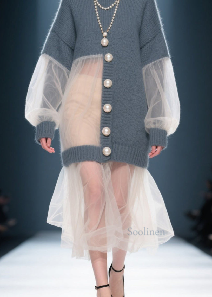 Art Grey O Neck Tulle Patchwork Knit Sweater Dress Fall