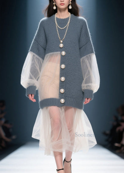 Art Grey O Neck Tulle Patchwork Knit Sweater Dress Fall