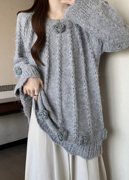 Art Grey Oversized Floral Warm Knit Sweaters Fall