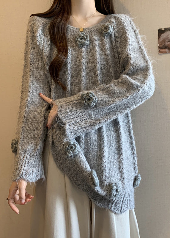 Art Grey Oversized Floral Warm Knit Sweaters Fall