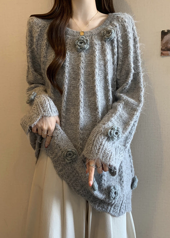 Art Grey Oversized Floral Warm Knit Sweaters Fall