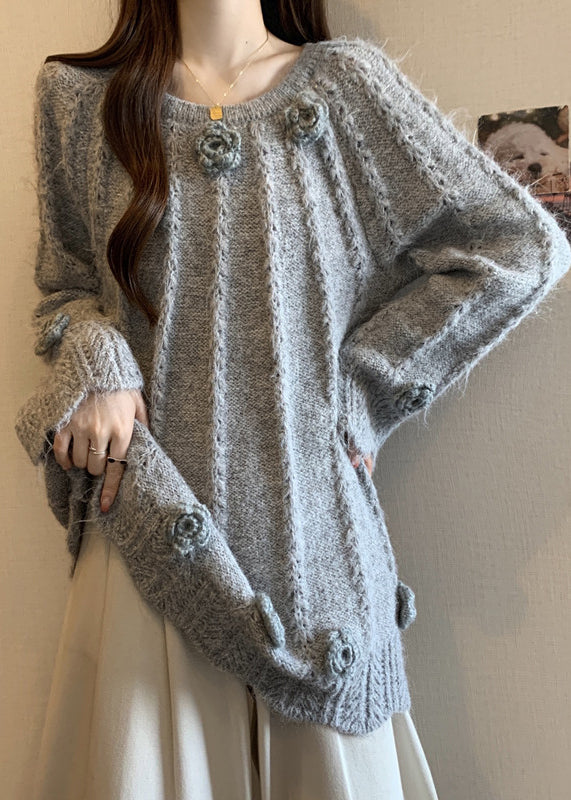 Art Grey Oversized Floral Warm Knit Sweaters Fall