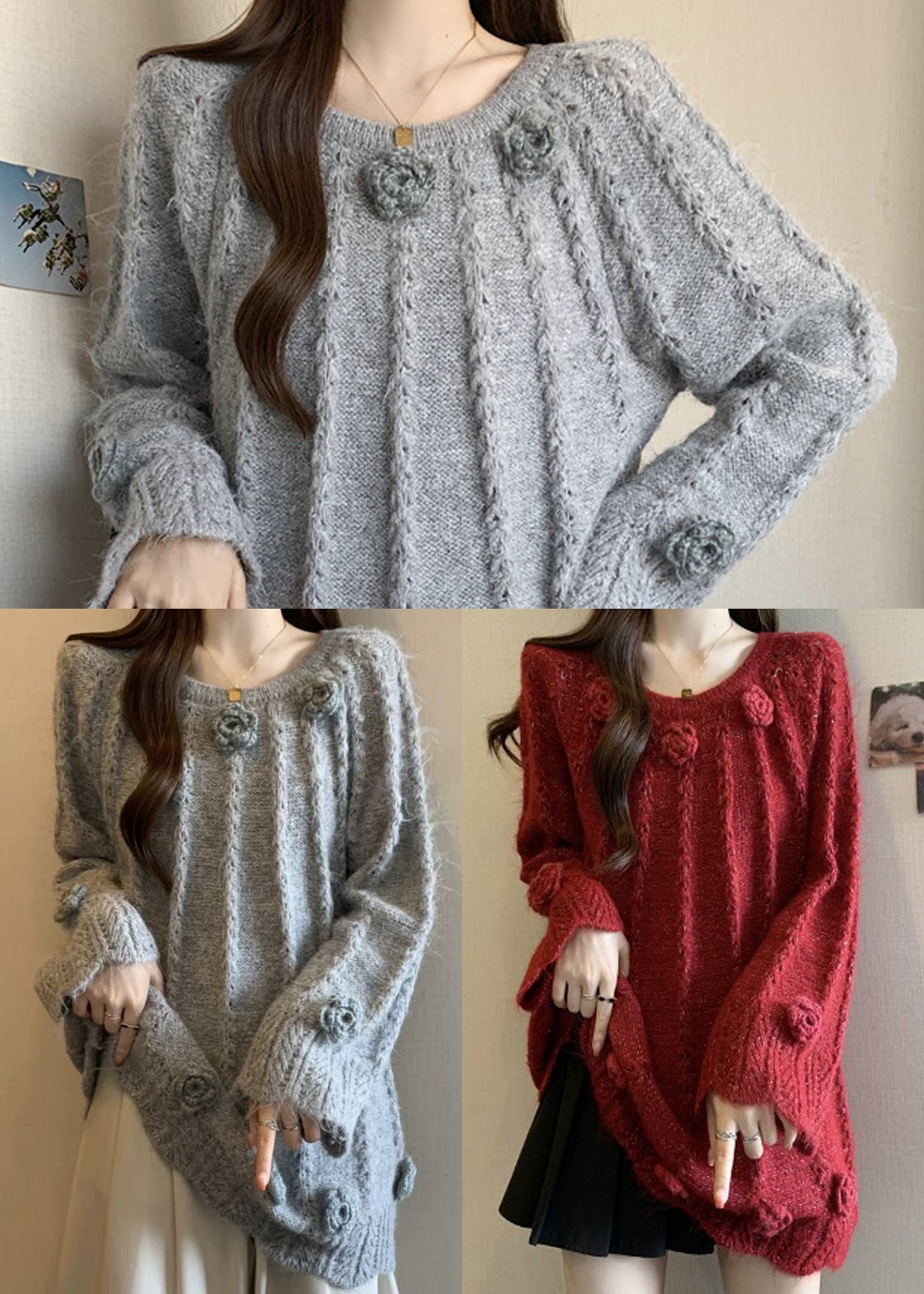 Art Grey Oversized Floral Warm Knit Sweaters Fall